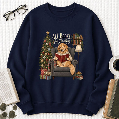 All Booked For Christmas Golden Retriever Printed Sweatshirt | Reader Gift Navy