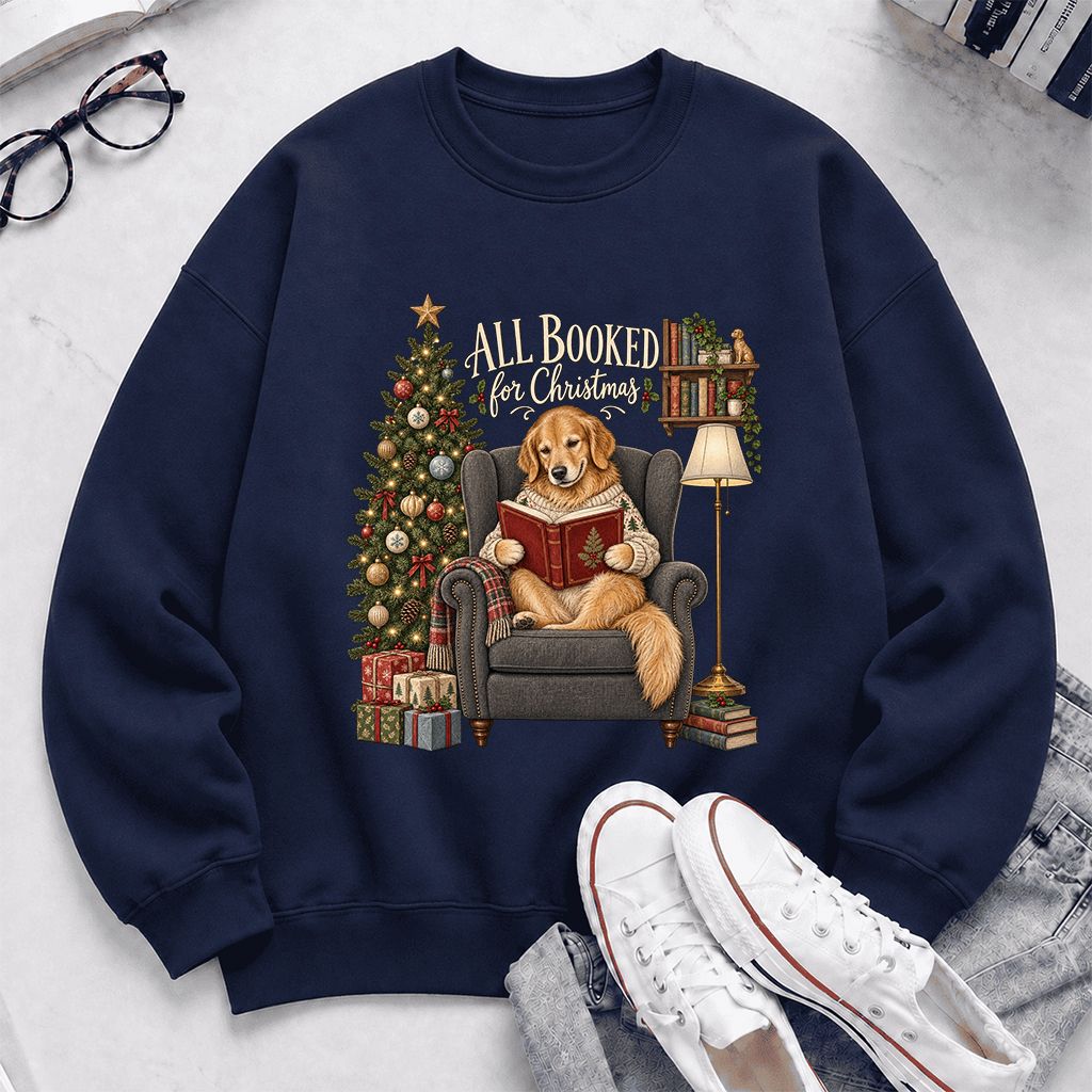 All Booked For Christmas Golden Retriever Printed Sweatshirt | Reader Gift Navy