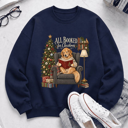 All Booked For Christmas Golden Retriever Printed Sweatshirt | Reader Gift Navy