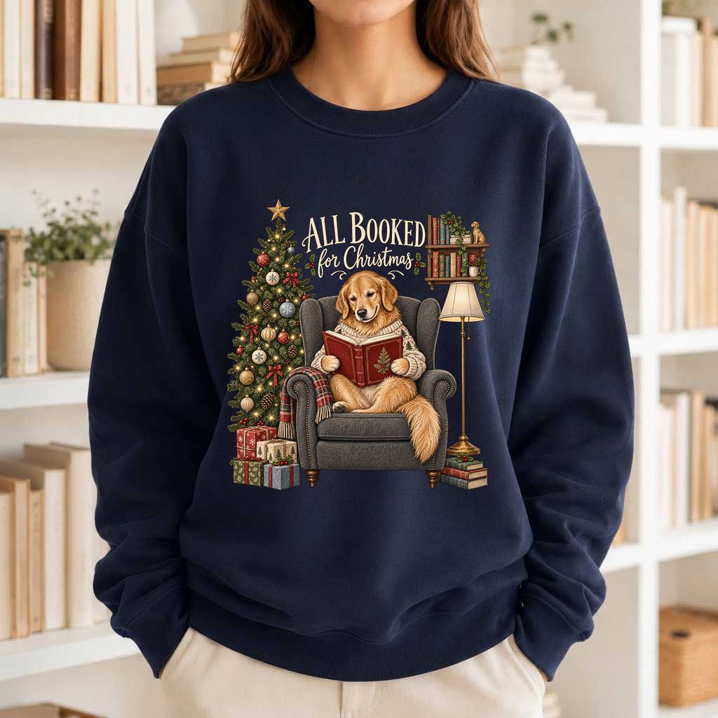 All Booked For Christmas Golden Retriever Printed Sweatshirt | Reader Gift Navy