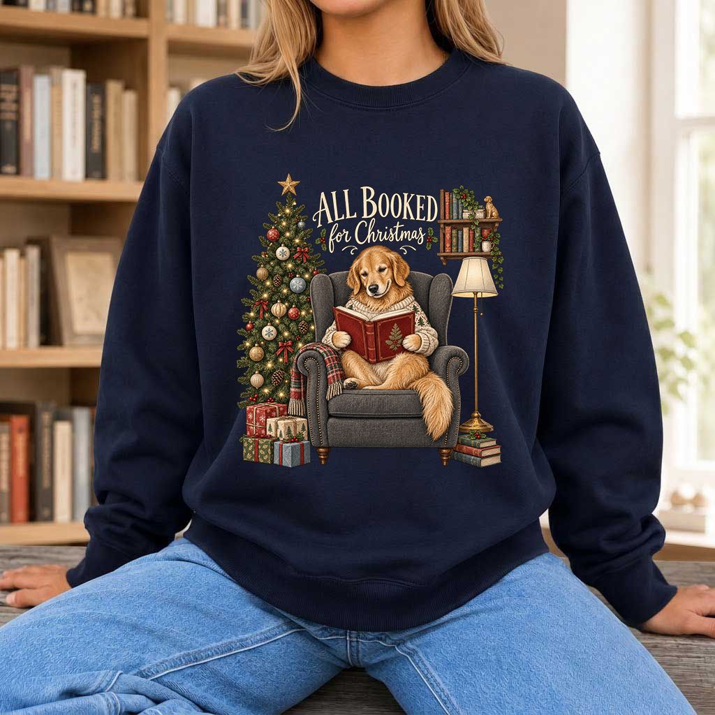 All Booked For Christmas Golden Retriever Printed Sweatshirt | Reader Gift Navy