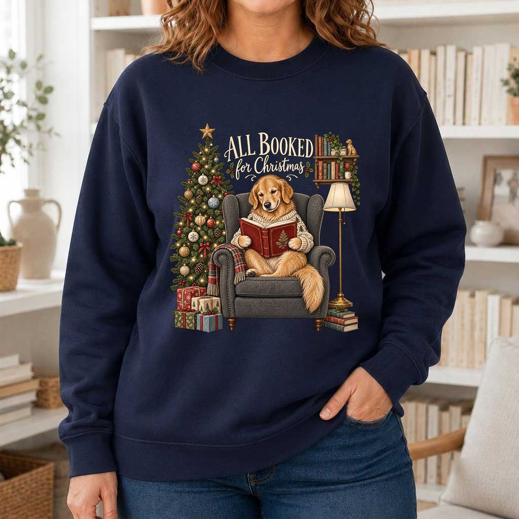 All Booked For Christmas Golden Retriever Printed Sweatshirt | Reader Gift Navy