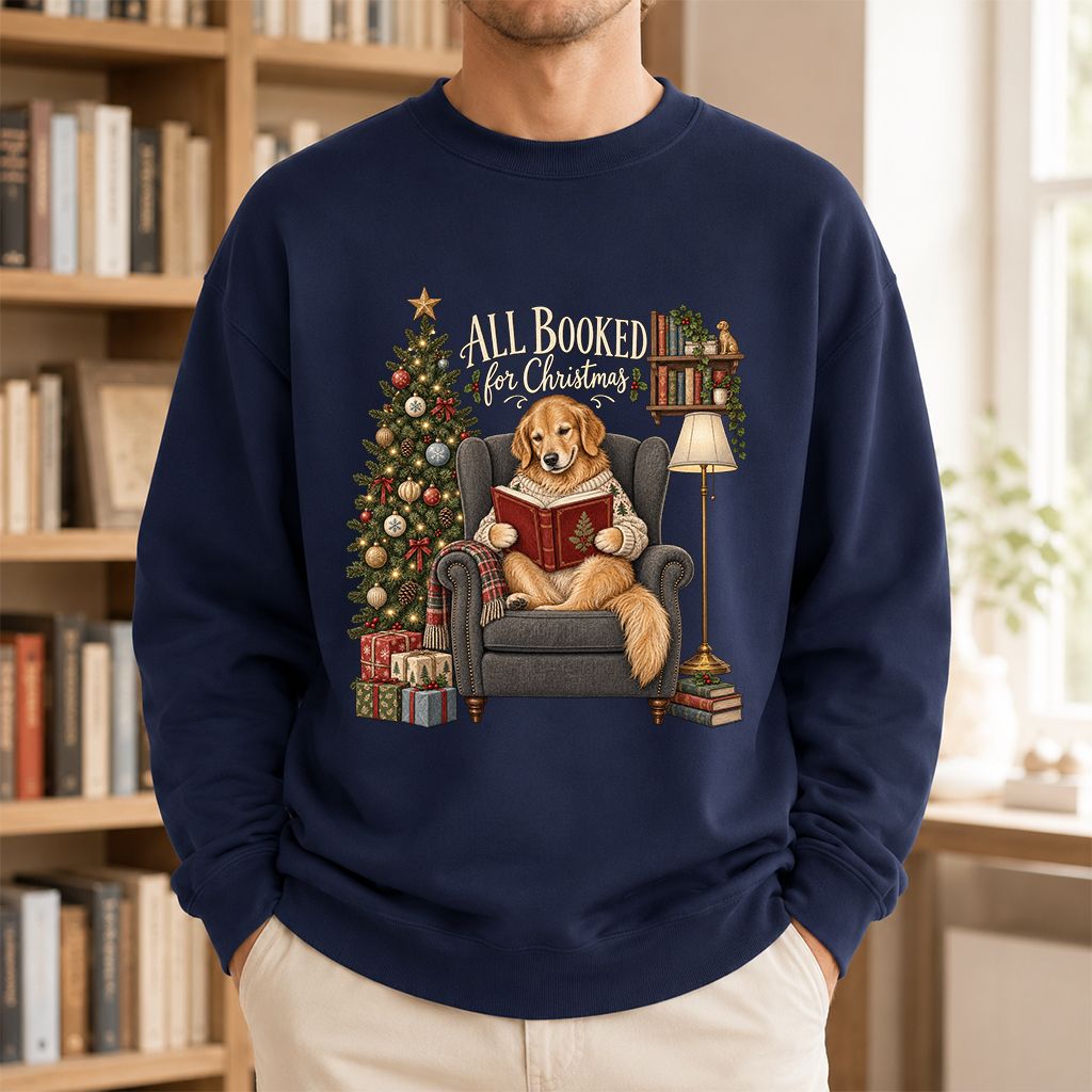 All Booked For Christmas Golden Retriever Printed Sweatshirt | Reader Gift Navy