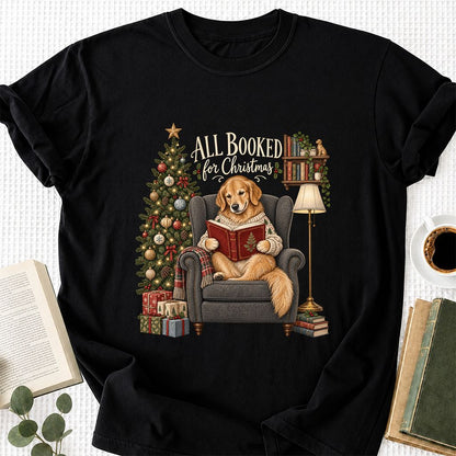 All Booked For Christmas Golden Retriever Printed T-Shirt | Reader Gift Black