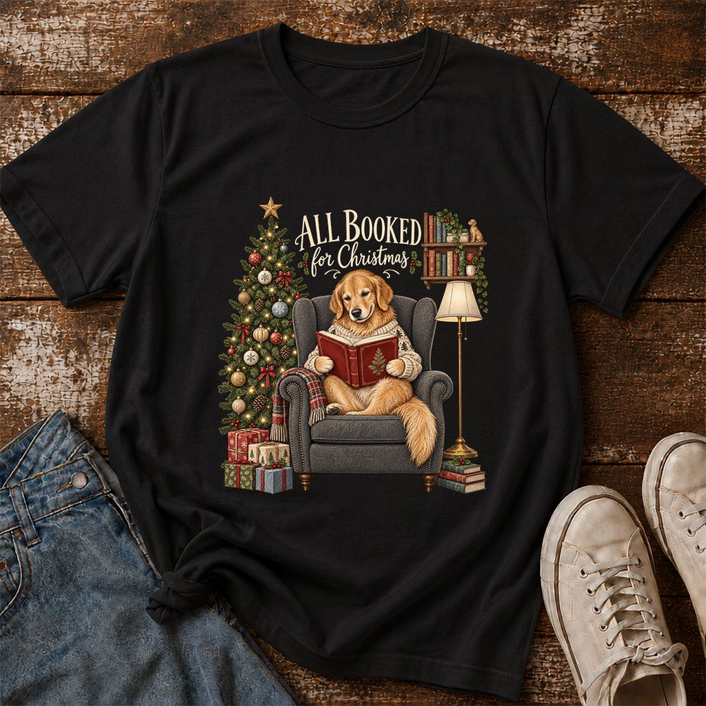 All Booked For Christmas Golden Retriever Printed T-Shirt | Reader Gift Black