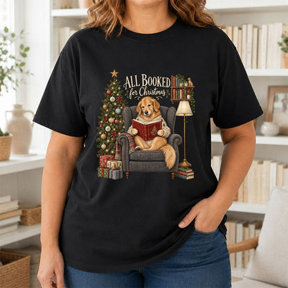 All Booked For Christmas Golden Retriever Printed T-Shirt | Reader Gift Black