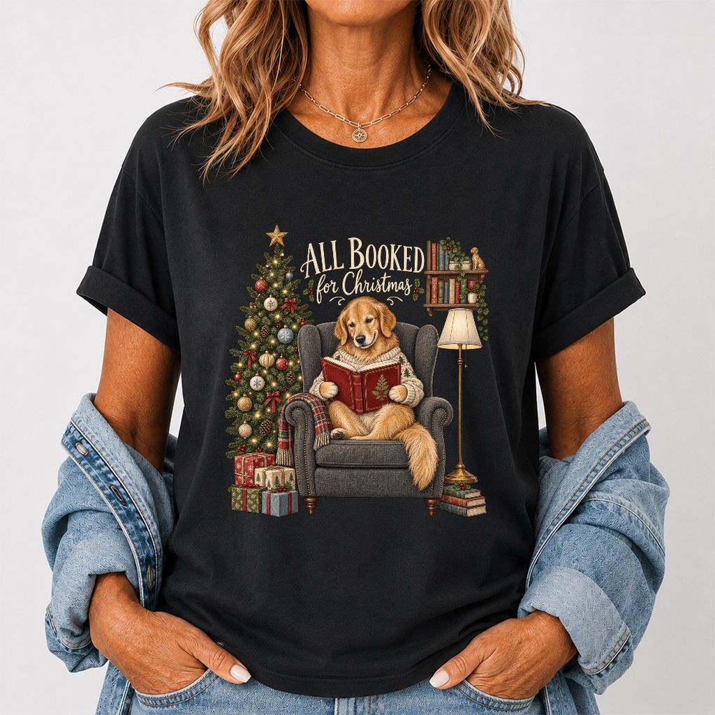 All Booked For Christmas Golden Retriever Printed T-Shirt | Reader Gift Black