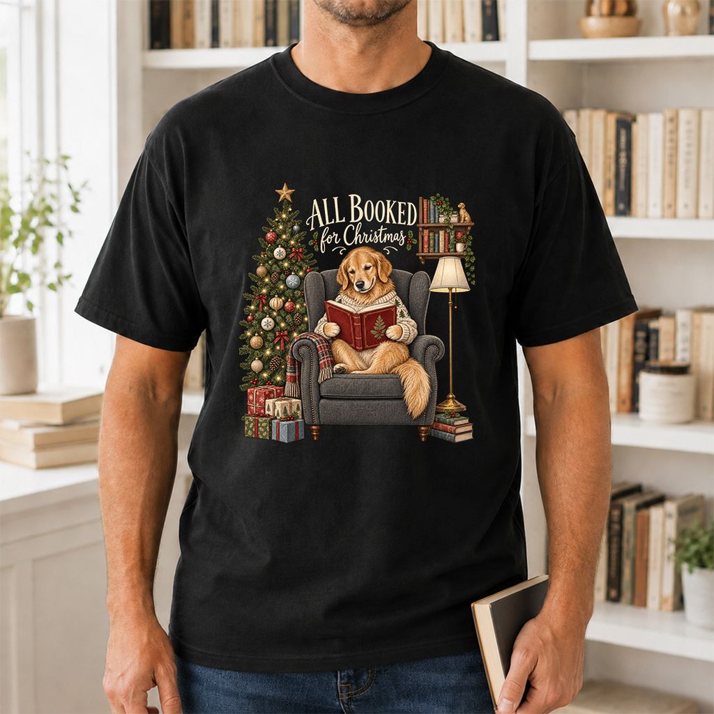 All Booked For Christmas Golden Retriever Printed T-Shirt | Reader Gift Black