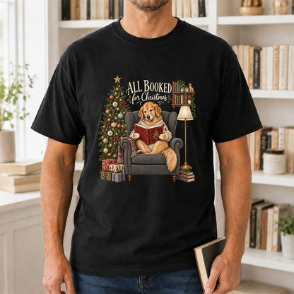 All Booked For Christmas Golden Retriever Printed T-Shirt | Reader Gift Black