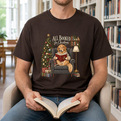 All Booked For Christmas Golden Retriever Printed T-Shirt | Reader Gift Dark Chocolate