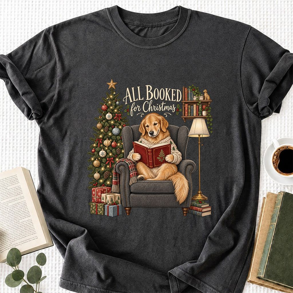 All Booked For Christmas Golden Retriever Printed T-Shirt | Reader Gift Dark Heather
