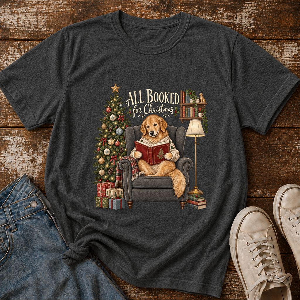 All Booked For Christmas Golden Retriever Printed T-Shirt | Reader Gift Dark Heather
