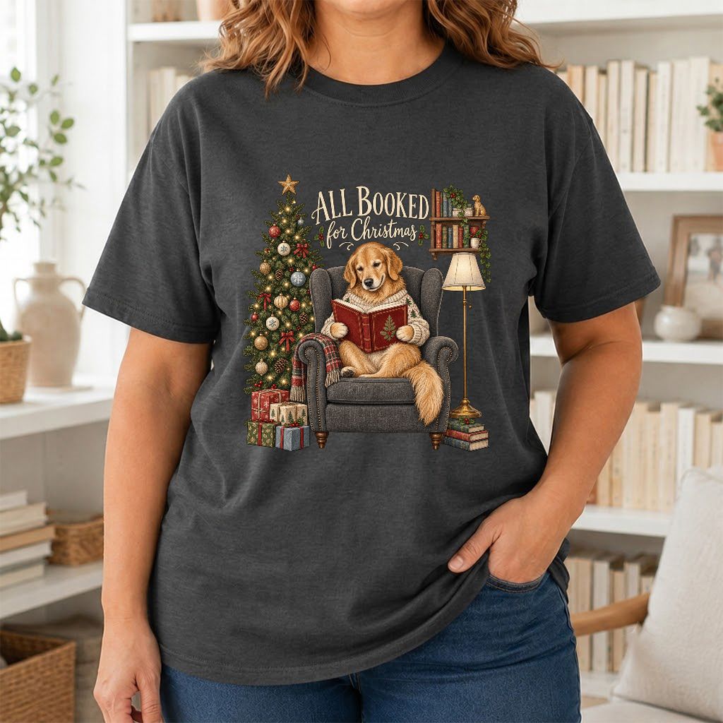 All Booked For Christmas Golden Retriever Printed T-Shirt | Reader Gift Dark Heather
