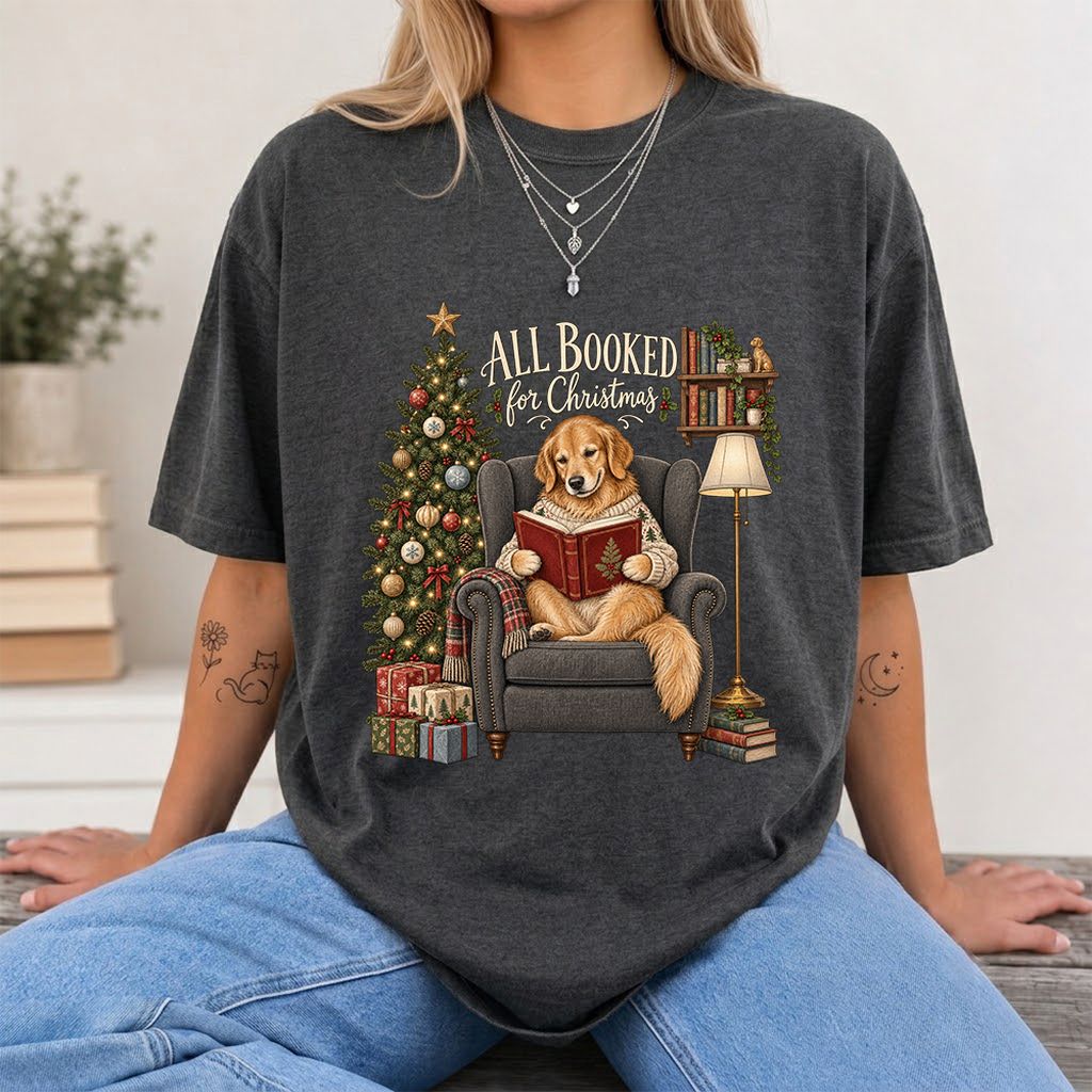 All Booked For Christmas Golden Retriever Printed T-Shirt | Reader Gift Dark Heather