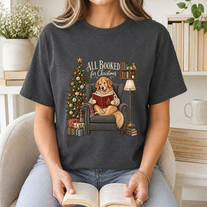 All Booked For Christmas Golden Retriever Printed T-Shirt | Reader Gift Dark Heather