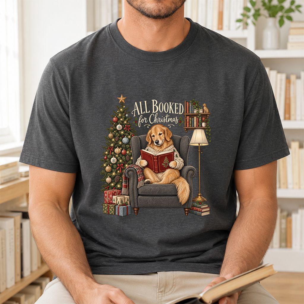 All Booked For Christmas Golden Retriever Printed T-Shirt | Reader Gift Dark Heather