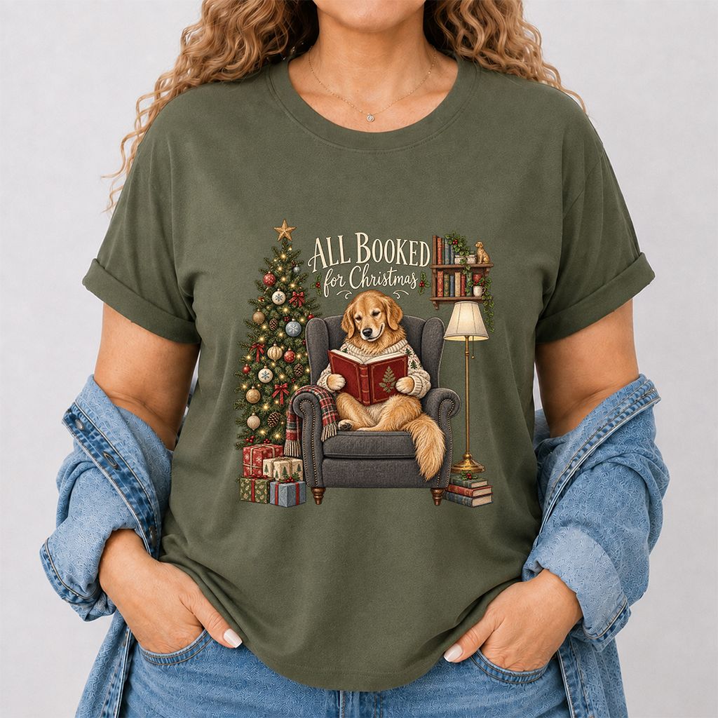 All Booked For Christmas Golden Retriever Printed T-Shirt | Reader Gift Military Green
