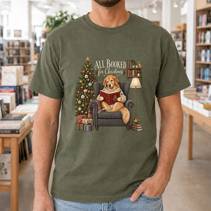 All Booked For Christmas Golden Retriever Printed T-Shirt | Reader Gift Military Green