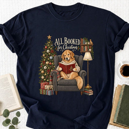All Booked For Christmas Golden Retriever Printed T-Shirt | Reader Gift Navy