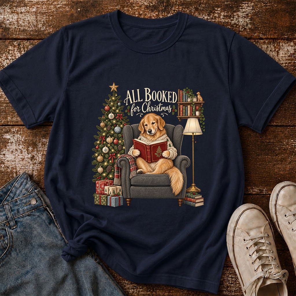 All Booked For Christmas Golden Retriever Printed T-Shirt | Reader Gift Navy