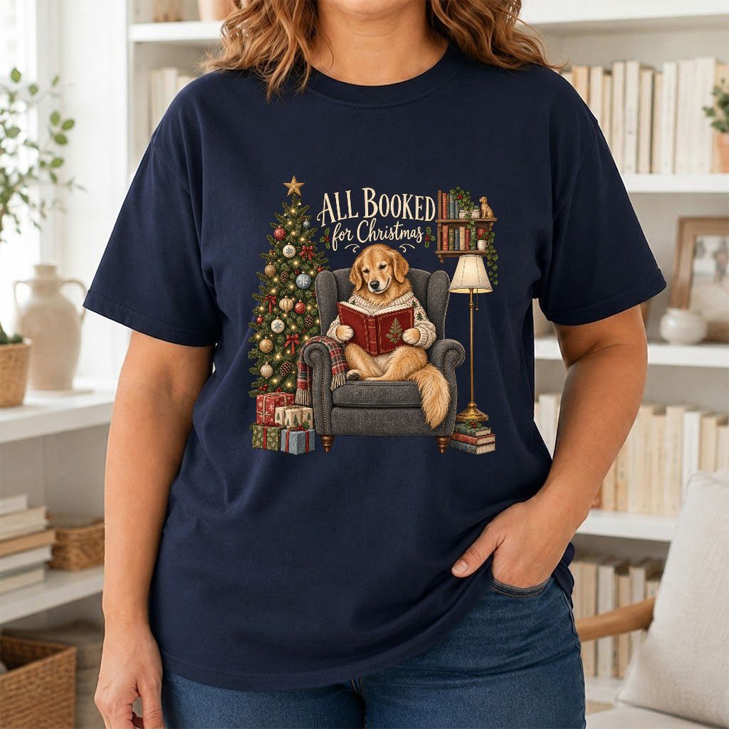 All Booked For Christmas Golden Retriever Printed T-Shirt | Reader Gift Navy