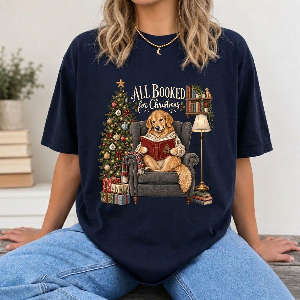 All Booked For Christmas Golden Retriever Printed T-Shirt | Reader Gift Navy