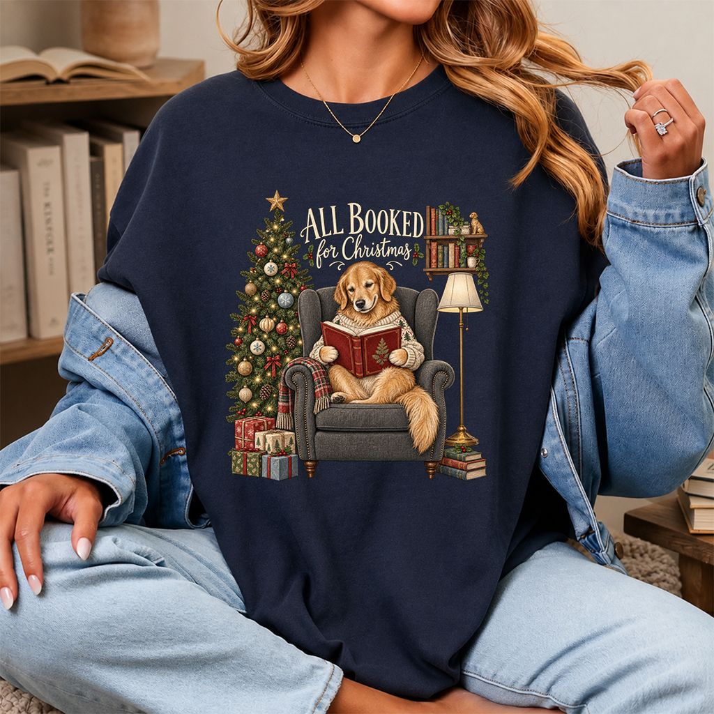 All Booked For Christmas Golden Retriever Printed T-Shirt | Reader Gift Navy