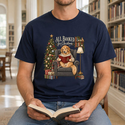 All Booked For Christmas Golden Retriever Printed T-Shirt | Reader Gift Navy