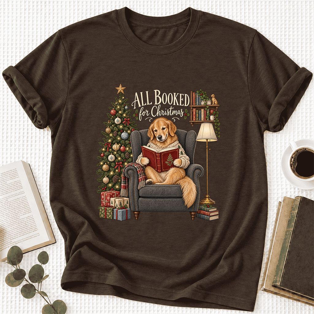 All Booked For Christmas Ultra-Soft Cotton T-Shirt | Christmas Reader Gift Brown