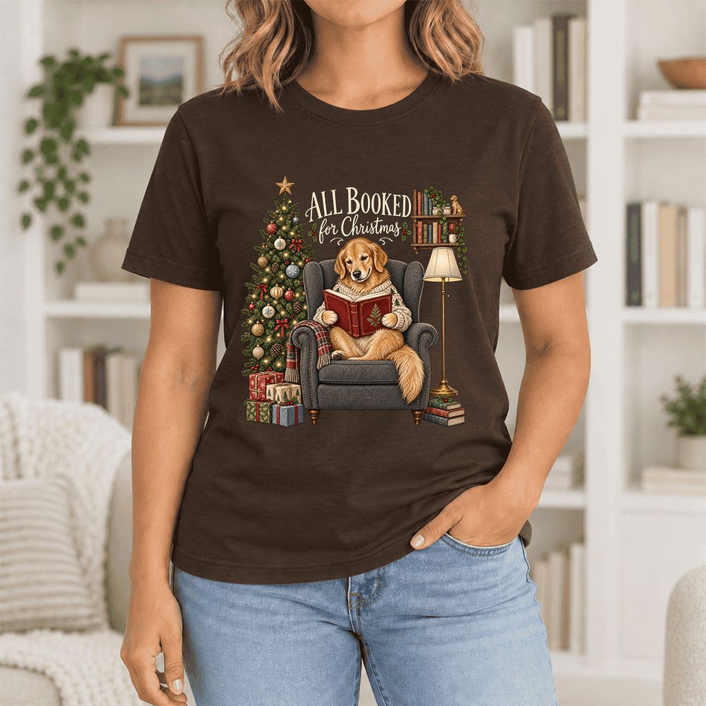 All Booked For Christmas Ultra-Soft Cotton T-Shirt | Christmas Reader Gift Brown