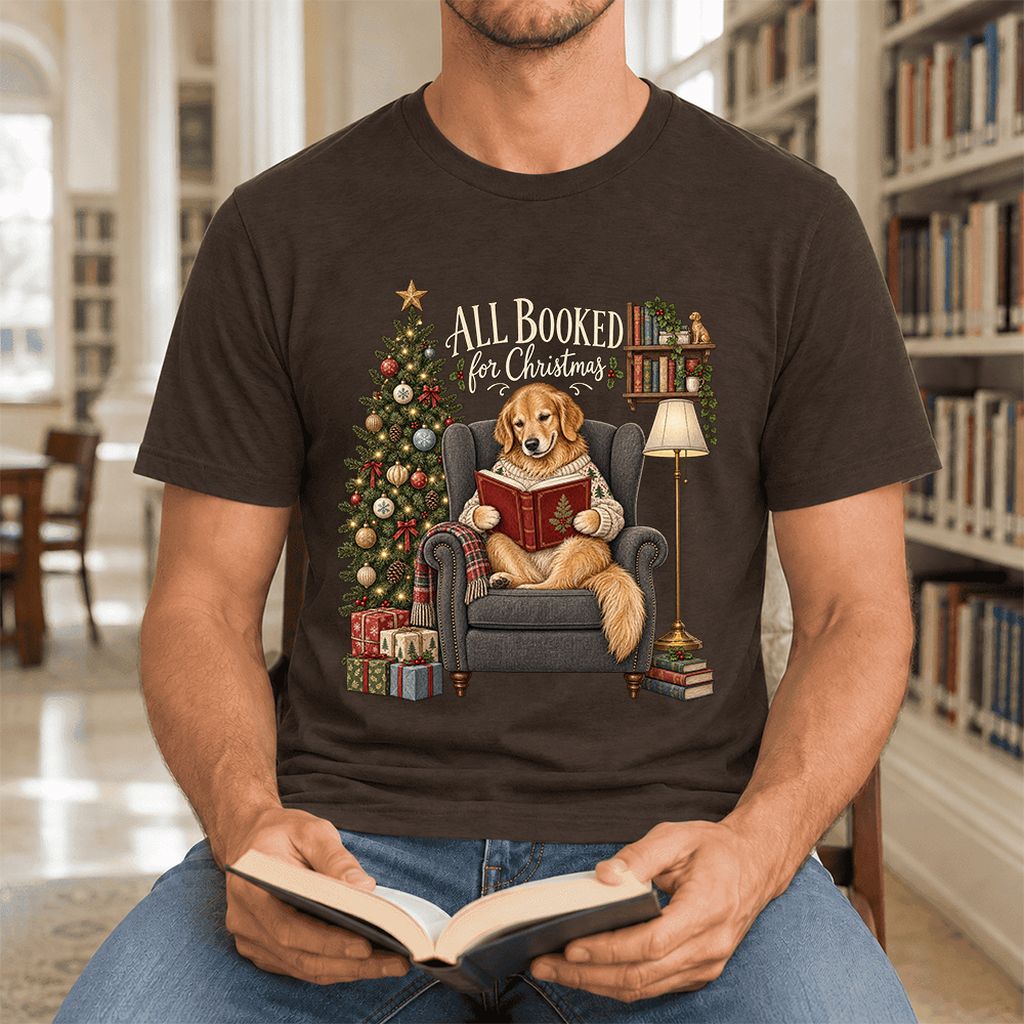All Booked For Christmas Ultra-Soft Cotton T-Shirt | Christmas Reader Gift Brown