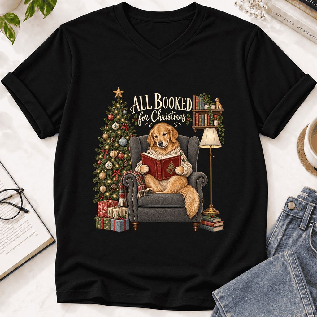 All Booked For Christmas Golden Retriever Ultra-Soft V-Neck | Reader Gift Black
