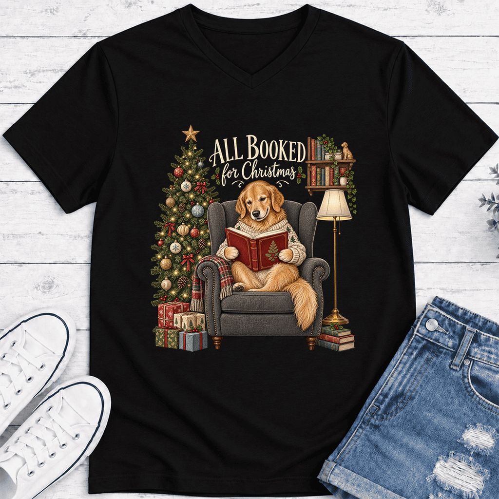 All Booked For Christmas Golden Retriever Ultra-Soft V-Neck | Reader Gift Black