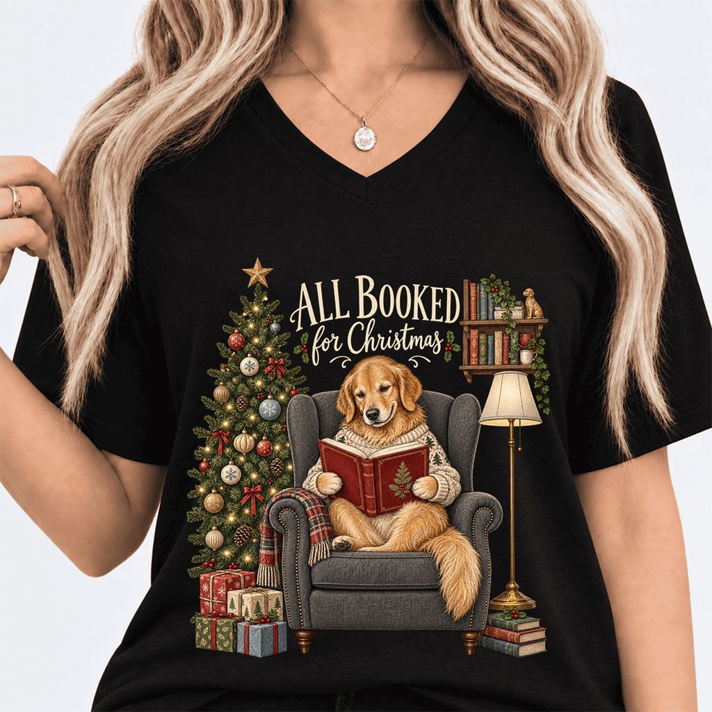All Booked For Christmas Golden Retriever Ultra-Soft V-Neck | Reader Gift Black