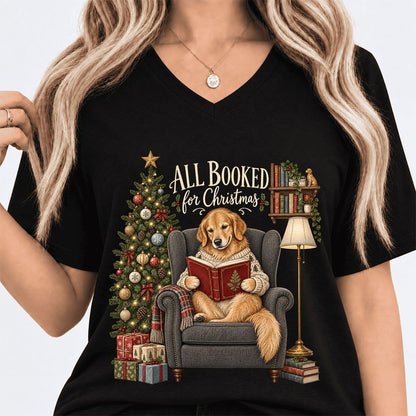 All Booked For Christmas Golden Retriever Ultra-Soft V-Neck | Reader Gift Black