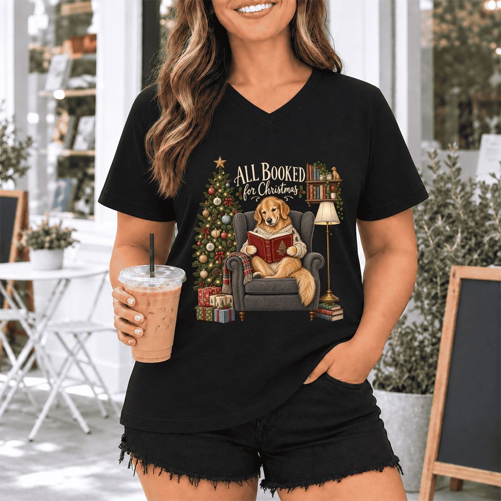 All Booked For Christmas Golden Retriever Ultra-Soft V-Neck | Reader Gift Black