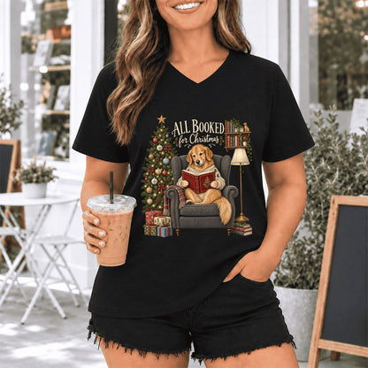 All Booked For Christmas Golden Retriever Ultra-Soft V-Neck | Reader Gift Black