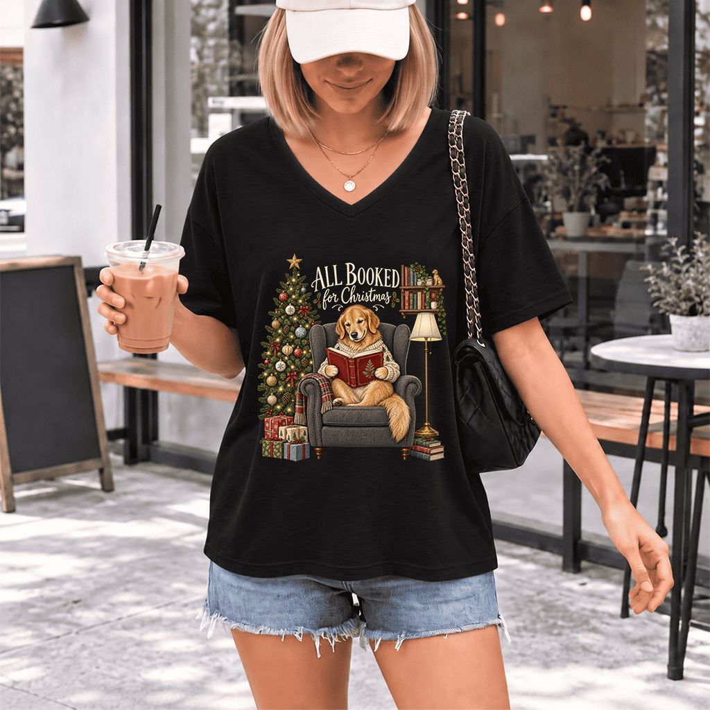 All Booked For Christmas Golden Retriever Ultra-Soft V-Neck | Reader Gift Black
