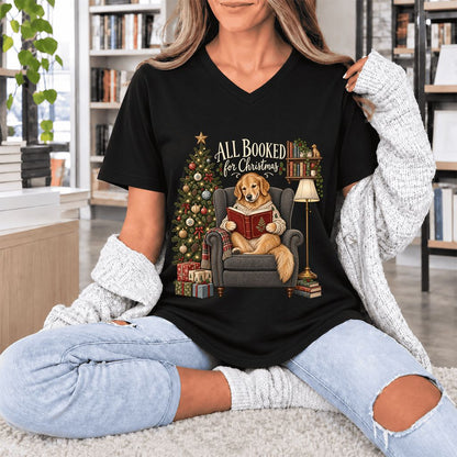 All Booked For Christmas Golden Retriever Ultra-Soft V-Neck | Reader Gift Black