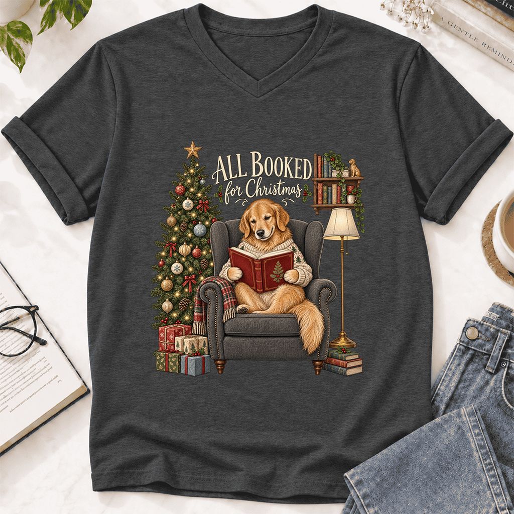 All Booked For Christmas Golden Retriever Ultra-Soft V-Neck | Reader Gift Dark Grey Heather