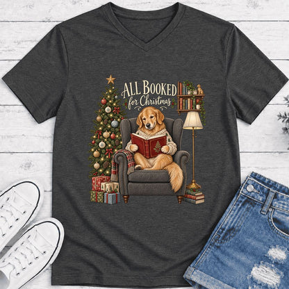 All Booked For Christmas Golden Retriever Ultra-Soft V-Neck | Reader Gift Dark Grey Heather