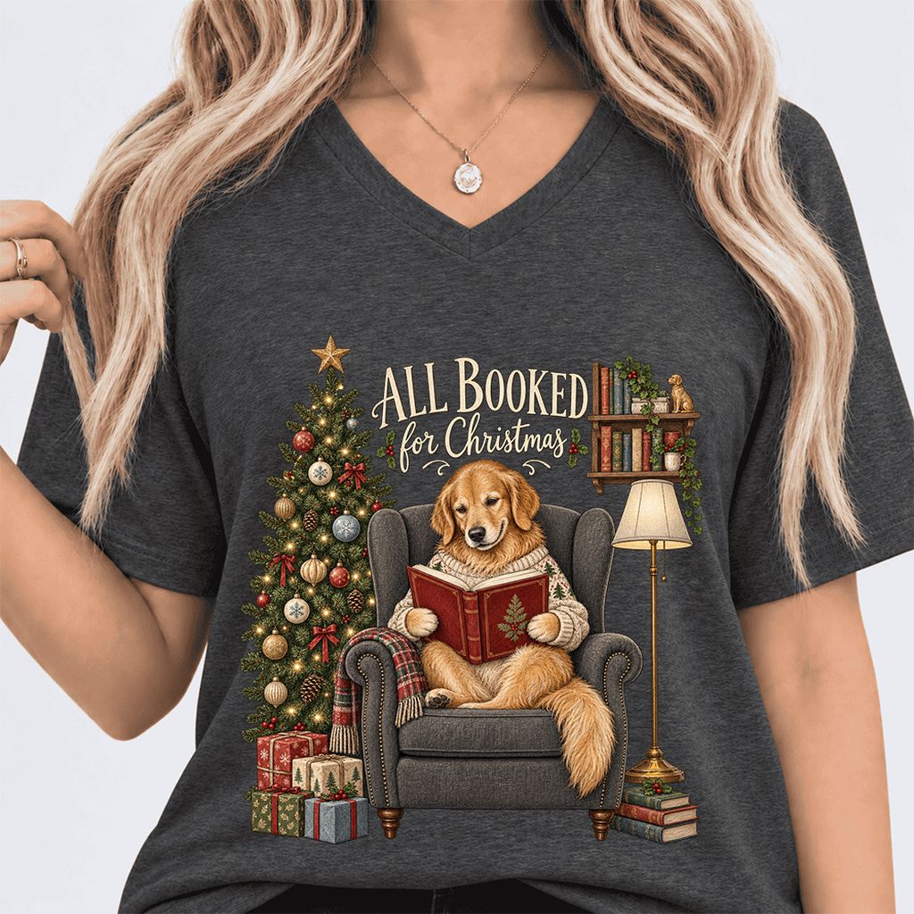 All Booked For Christmas Golden Retriever Ultra-Soft V-Neck | Reader Gift Dark Grey Heather