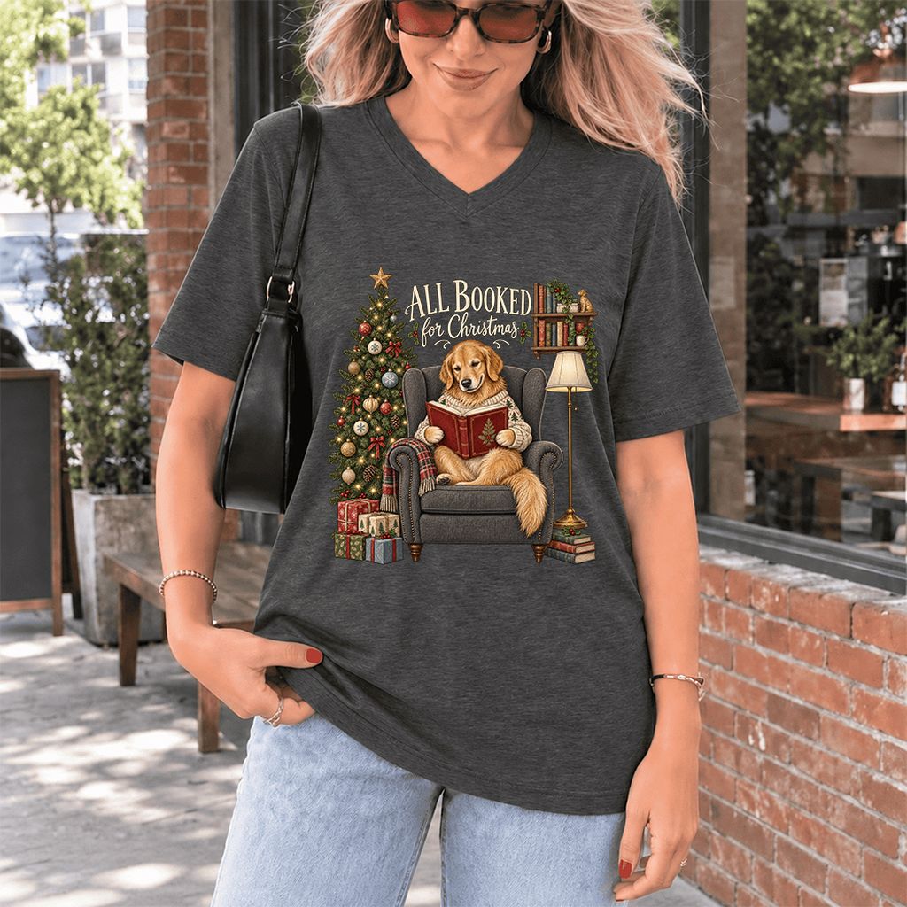 All Booked For Christmas Golden Retriever Ultra-Soft V-Neck | Reader Gift Dark Grey Heather