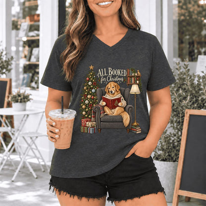 All Booked For Christmas Golden Retriever Ultra-Soft V-Neck | Reader Gift Dark Grey Heather