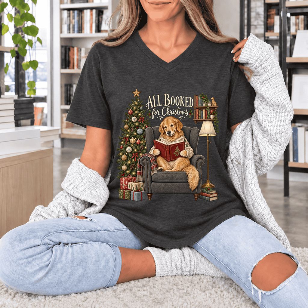 All Booked For Christmas Golden Retriever Ultra-Soft V-Neck | Reader Gift Dark Grey Heather