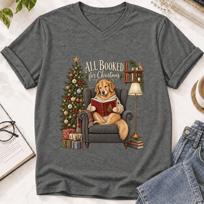 All Booked For Christmas Golden Retriever Ultra-Soft V-Neck | Reader Gift Deep Heather