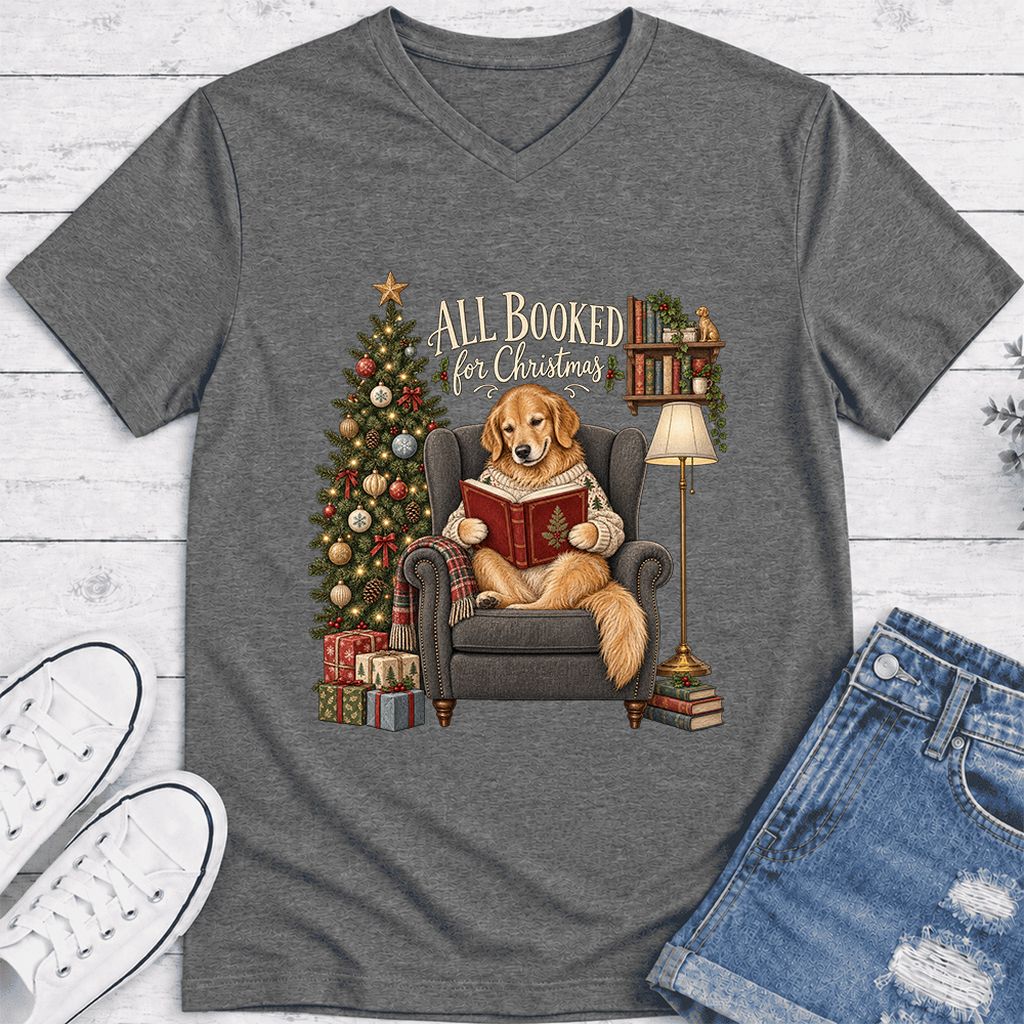 All Booked For Christmas Golden Retriever Ultra-Soft V-Neck | Reader Gift Deep Heather