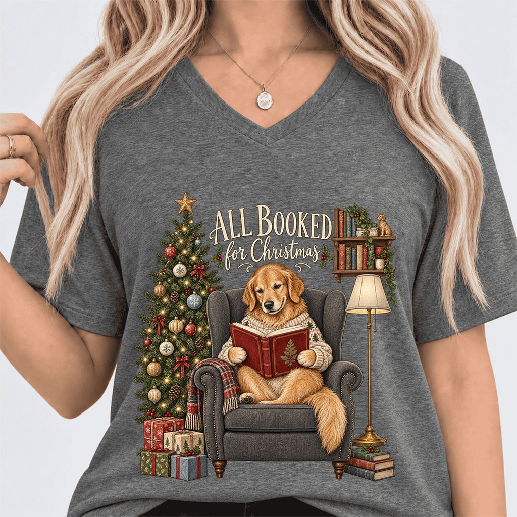 All Booked For Christmas Golden Retriever Ultra-Soft V-Neck | Reader Gift Deep Heather