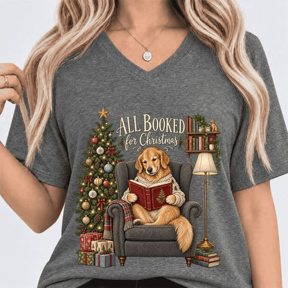 All Booked For Christmas Golden Retriever Ultra-Soft V-Neck | Reader Gift Deep Heather