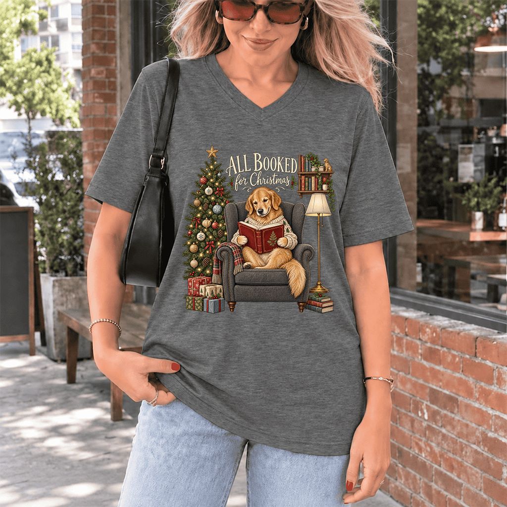 All Booked For Christmas Golden Retriever Ultra-Soft V-Neck | Reader Gift Deep Heather